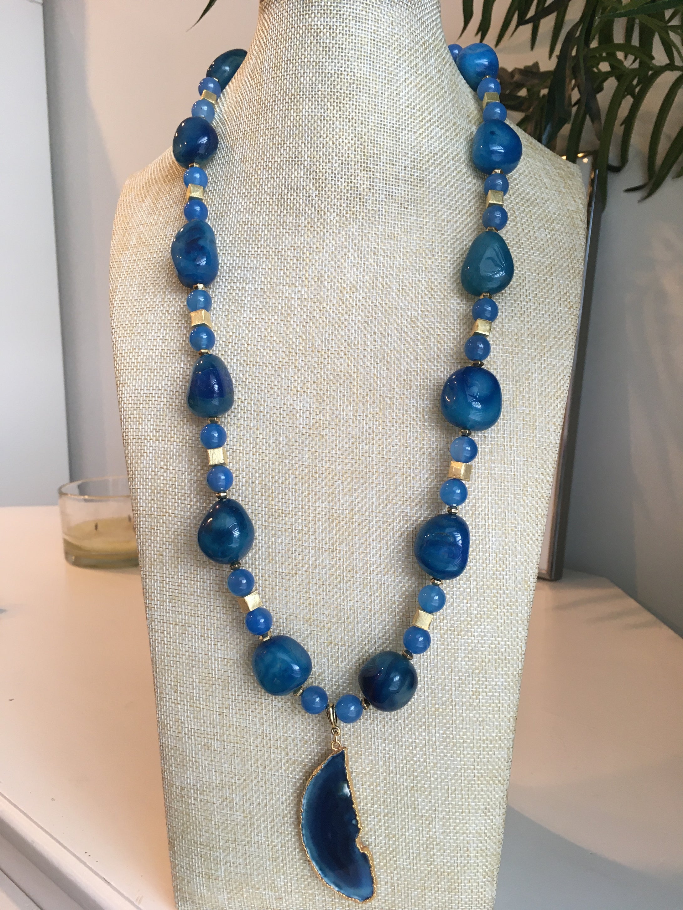 Blue Agate & 22kt Brushed Plated Gold 30