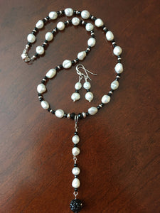White Pearls, Black Spinel, Sterling 16 1/2"