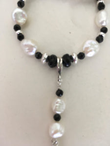 White Pearls, Black Spinel, Sterling 16 1/2"
