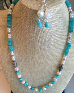 Amazonite, FW Pearls, Bali Silver 24 1/2" Set