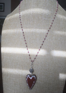 Red Enameled Heart, Sterling D/S Rose, Ruby GP Chain 22"