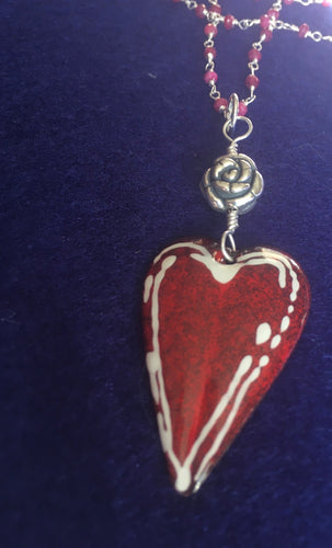 Red Enameled Heart, Sterling D/S Rose, Ruby GP Chain 22