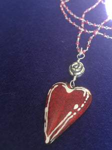 Red Enameled Heart, Sterling D/S Rose, Ruby GP Chain 22"