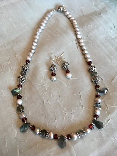 Labradorite, Mozambique Garnet, FW Pearls, Bali & Sterling Silver.  18