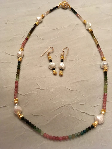 Multi Tourmaline, FW Pearl, 22 Kt. Plated Brushed Gold.  17