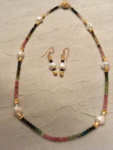 Multi Tourmaline, FW Pearl, 22 Kt. Plated Brushed Gold.  17"