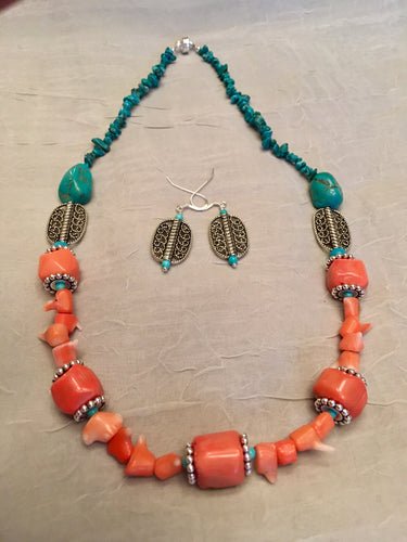Orange Coral, Turquoise, Plated Silver.  21