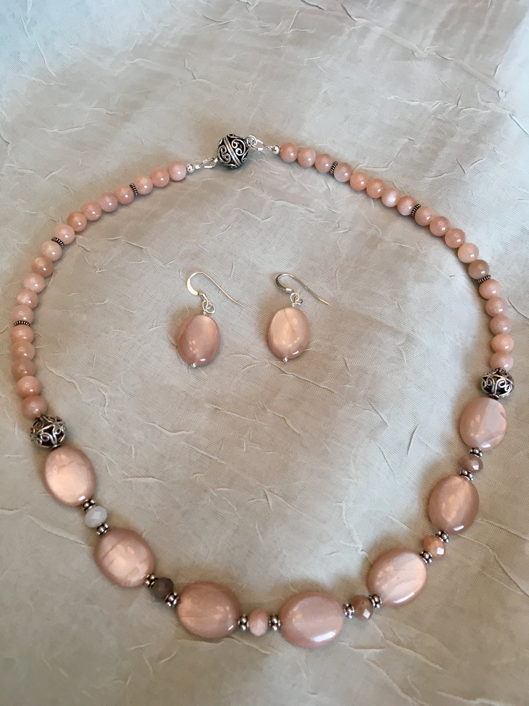 Peach Moonstone Ovals & Rounds, Bali Silver.  17 1.2