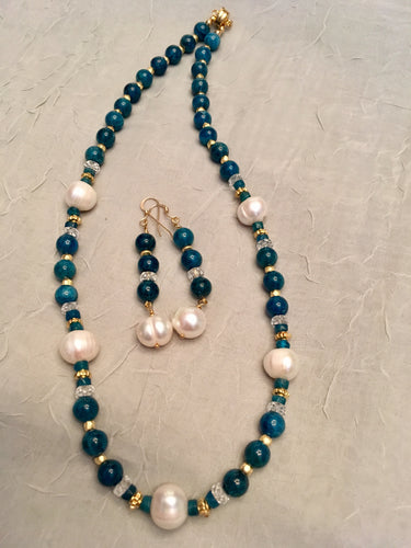 Peacock Apatite, Baroque Pearls, Vermeil Gold.  19