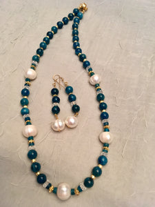 Peacock Apatite, Baroque Pearls, Vermeil Gold.  19"