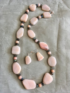 Peruvian Pink  Opal, Labradorite, Plated Silver.  22"