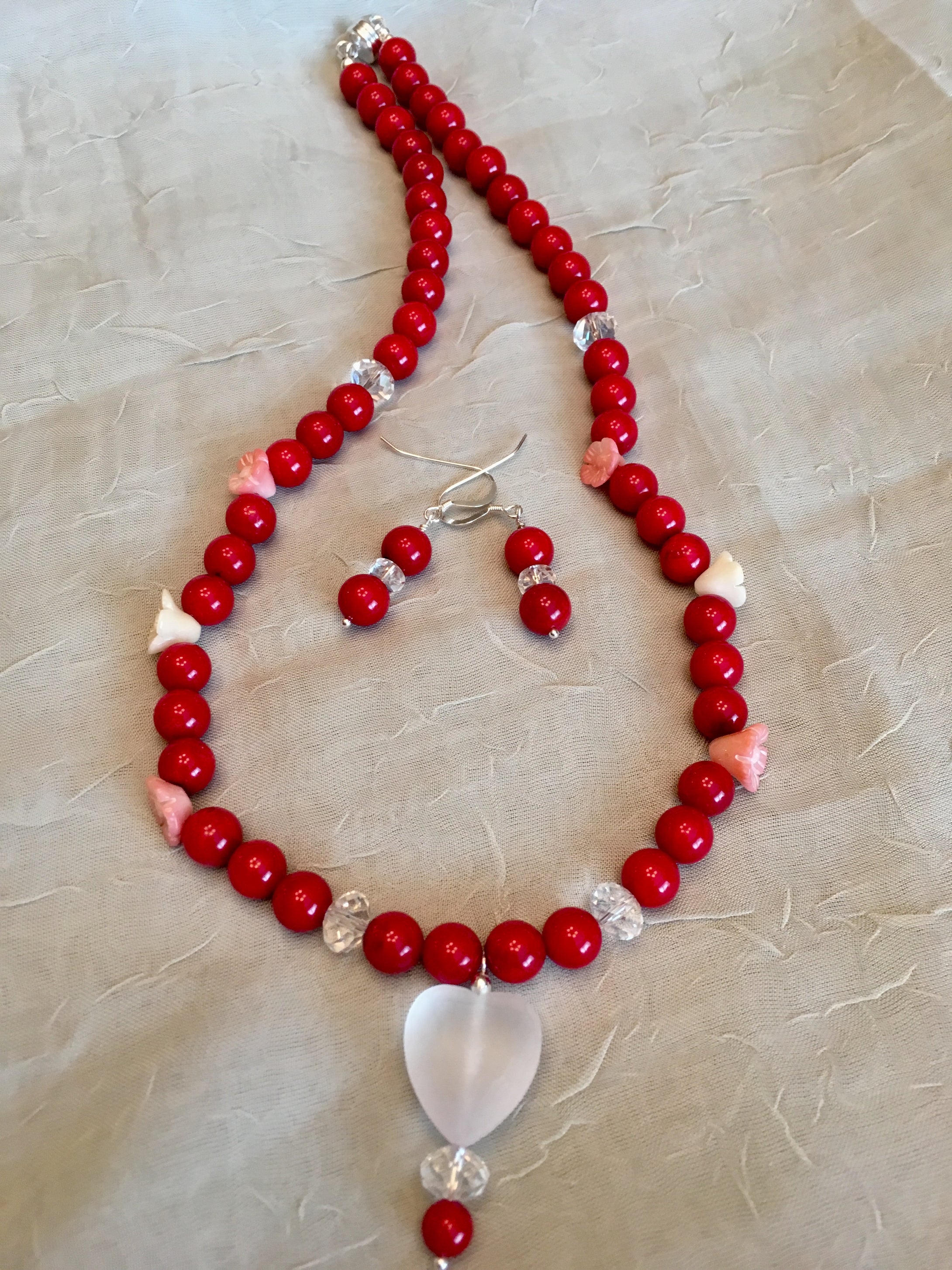Red Coral, Crystal, Coral Flowers, Plated Silver.  18