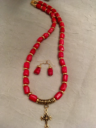 Red Coral Nuggets and Gold Cross  21