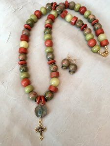 Red Jasper, Unakite, Green & Yellow Jade, Gold Plated Gold w/Cross & Druzy Pendant.  26 3.4"