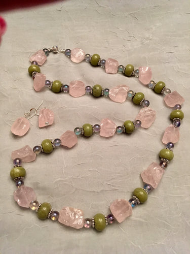 Rose Quartz Rough Nuggets, Green Jade, Crystal Beads, Plated Silver.  32