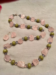 Rose Quartz Rough Nuggets, Green Jade, Crystal Beads, Plated Silver.  32"