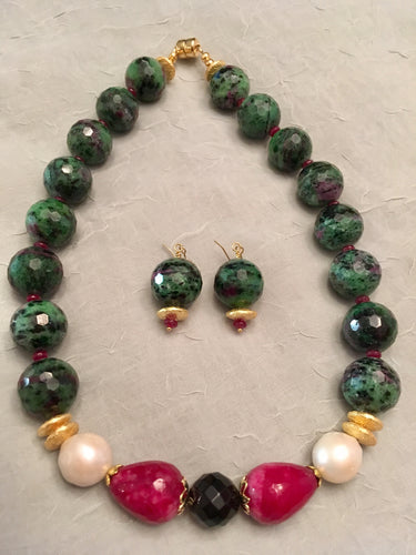 Ruby in Zoisite, Ruby, Baroque Pearl, Black Onyx, Plated Gold. 17