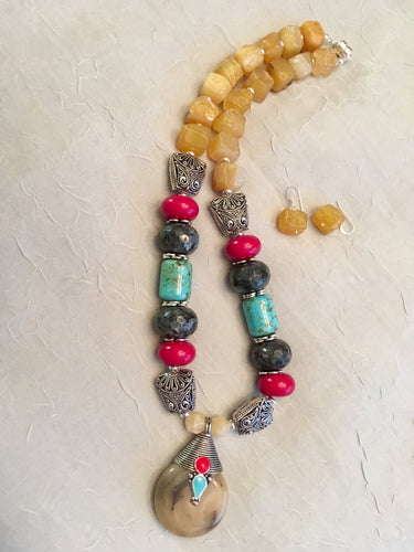 Saffron Yellow Agate, Turquoise, Labradorite, Red Resin, Plated Silver.  21