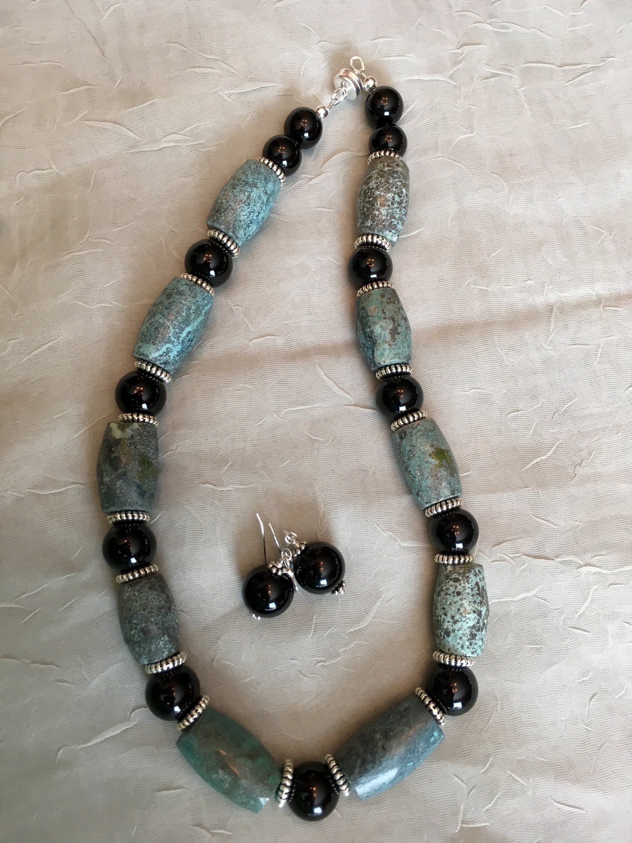 Turquoise Barrels, Onyx, Plated Silver.  16 1.2