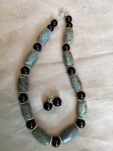 Turquoise Barrels, Onyx, Plated Silver.  16 1.2"