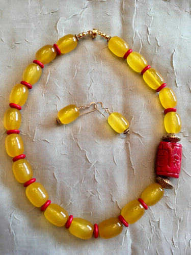Yellow Agate Barrels, Red Coral Rondelles, Plated Gold.  18