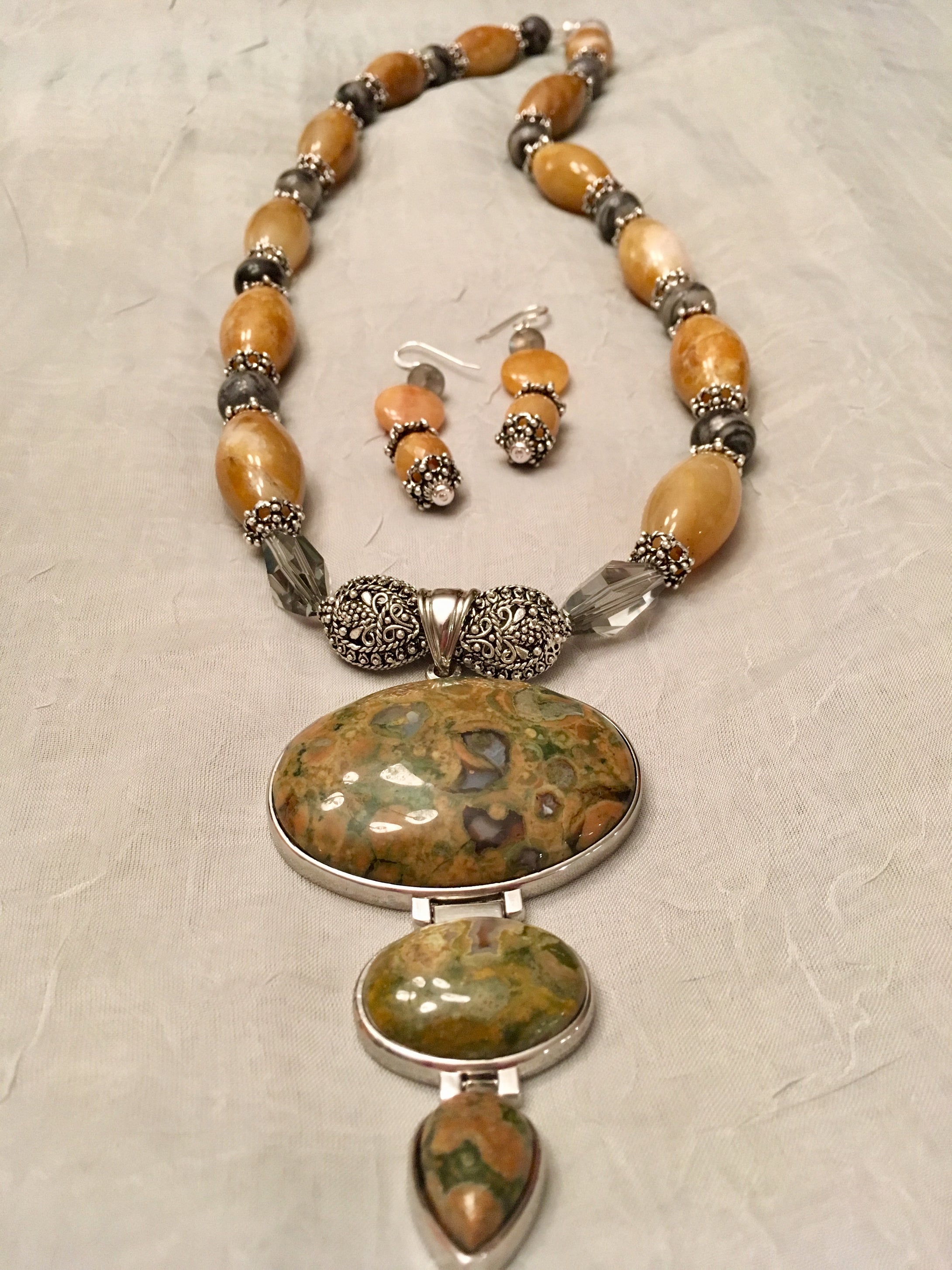 Yellow Jade, Zebra Jasper, Plated Silver, Black Silk Beads.  26 1.2