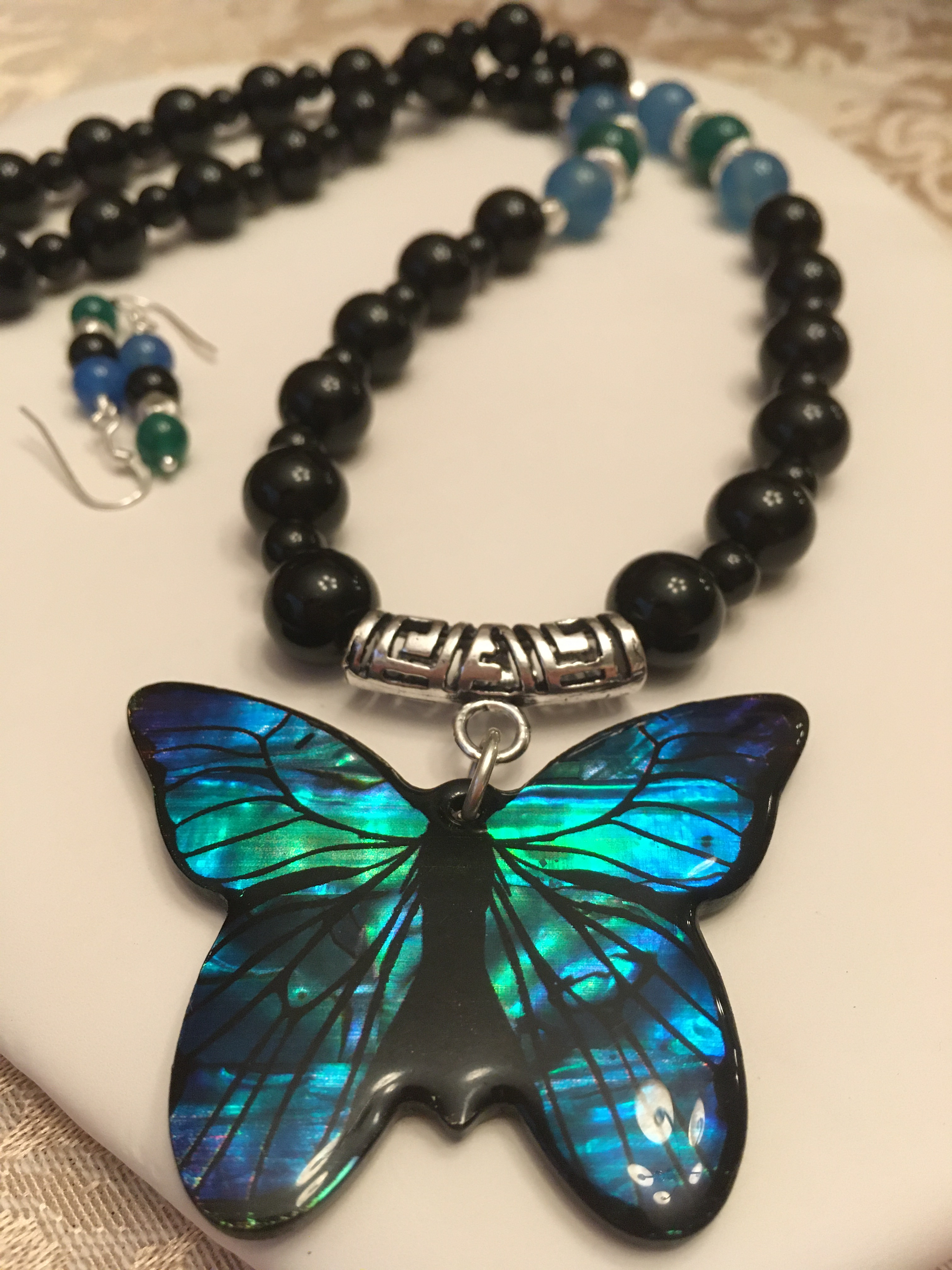 Onyx, Blue & Green Agate, Paua Shell Butterfly 23